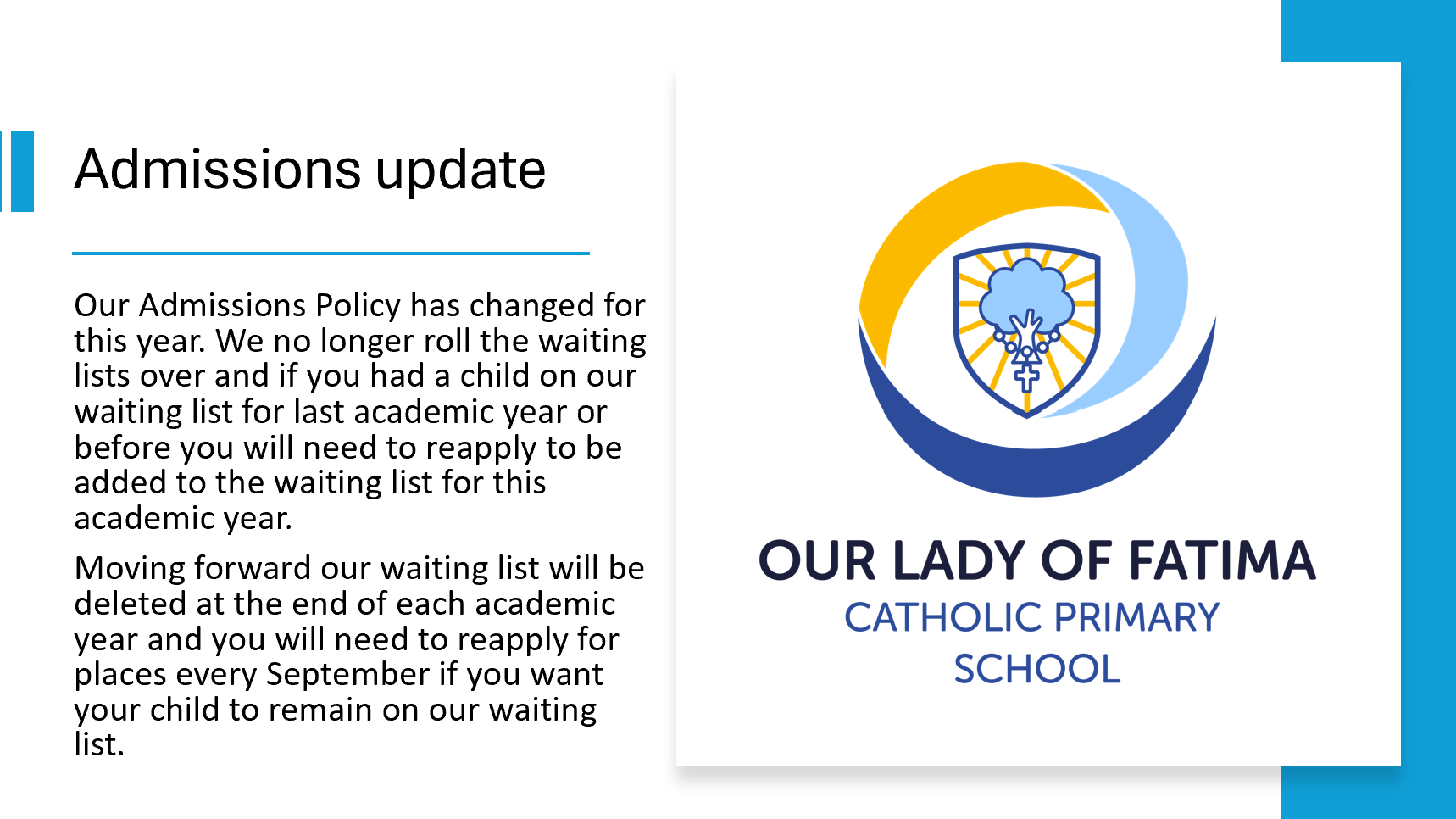 Our Lady of Fatima Admissions Update